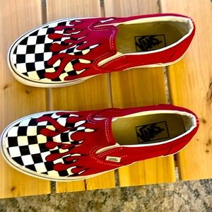 Vans Men’s Used Slip On Checkered Flames Racing Red Men’s 8.5, Women’s 10.